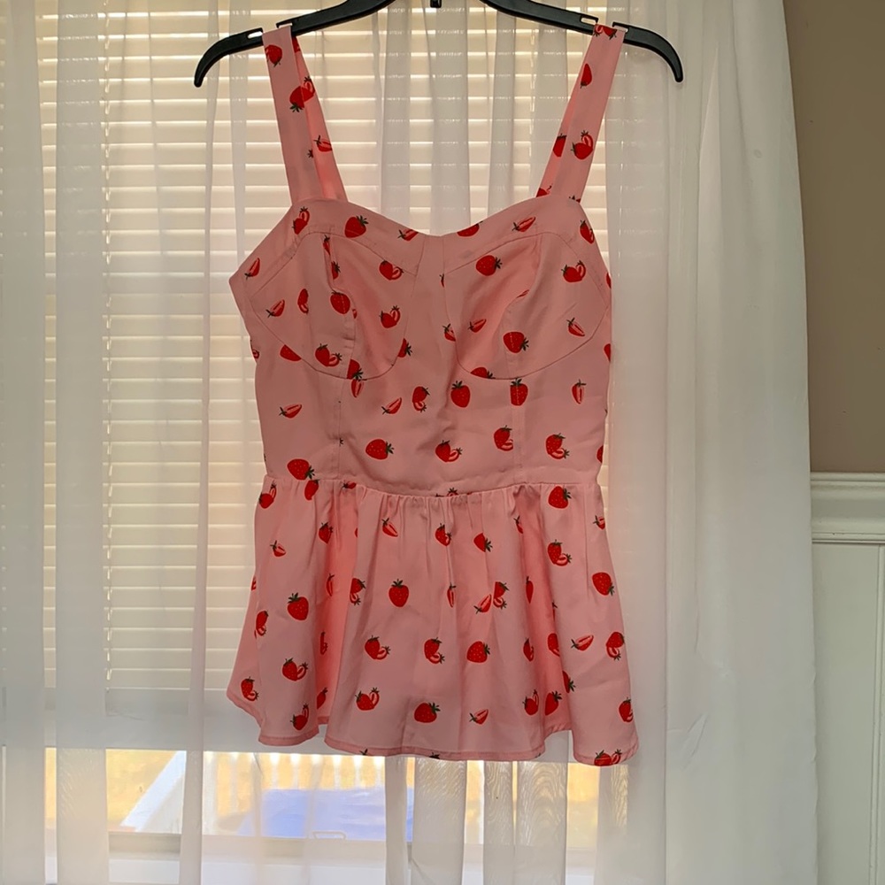 Belle Poque pink strawberry print babydoll peplum tank top size S